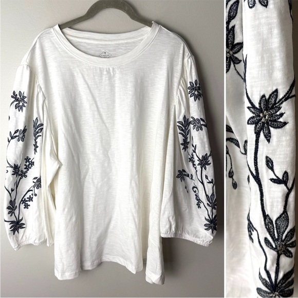 St. John's Bay Tops - St. John's Bay Top Plus Size 2X 3/4 Sleeves Floral Embroidered Cotton Ivory Navy